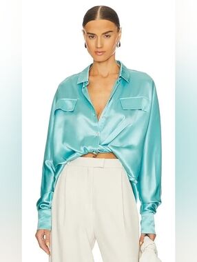 Bubish Celeste Satin Teal Blue Button Down Tie Front Going Out Top Blouse Size S